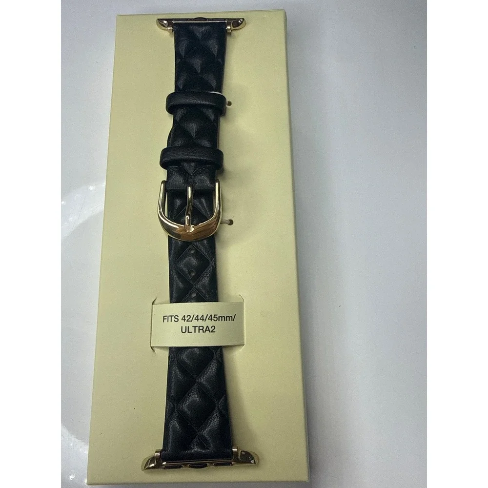 Anne Klein Black Quilted Leather Apple Watch Band 42/44/45mm Ultra 2 Gold Tone